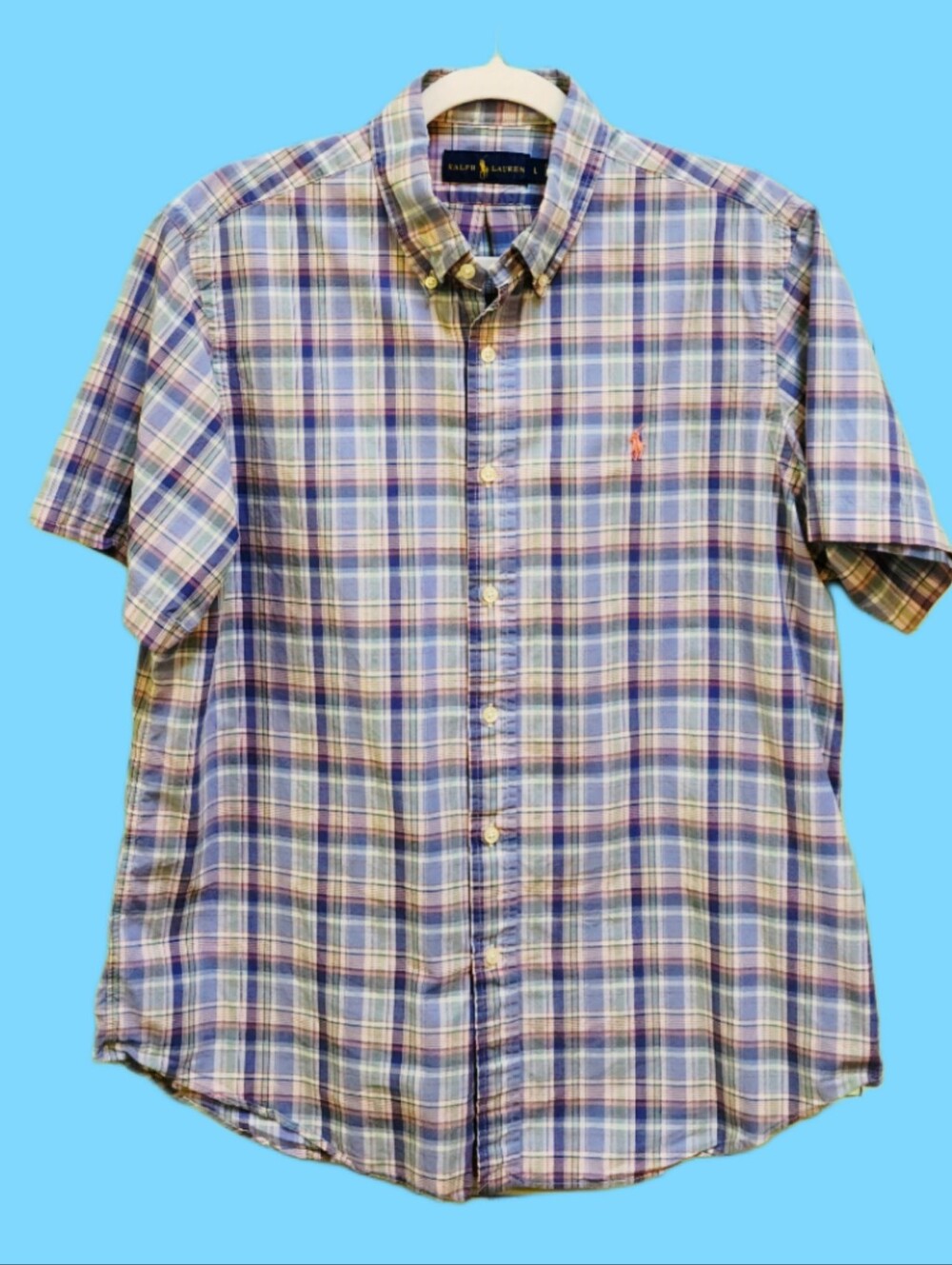 Ralph Lauren Multicolor Blue Plaid Short-Sleeve Button-Down Shirt Size L